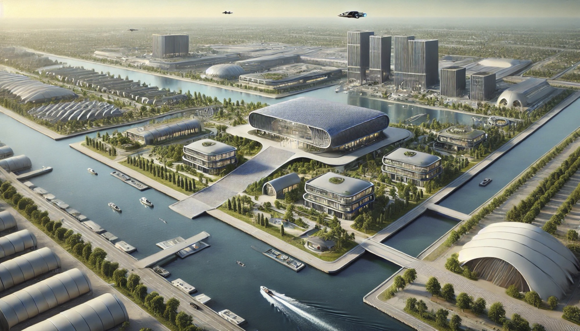 Aerial render of the Mecha island campus